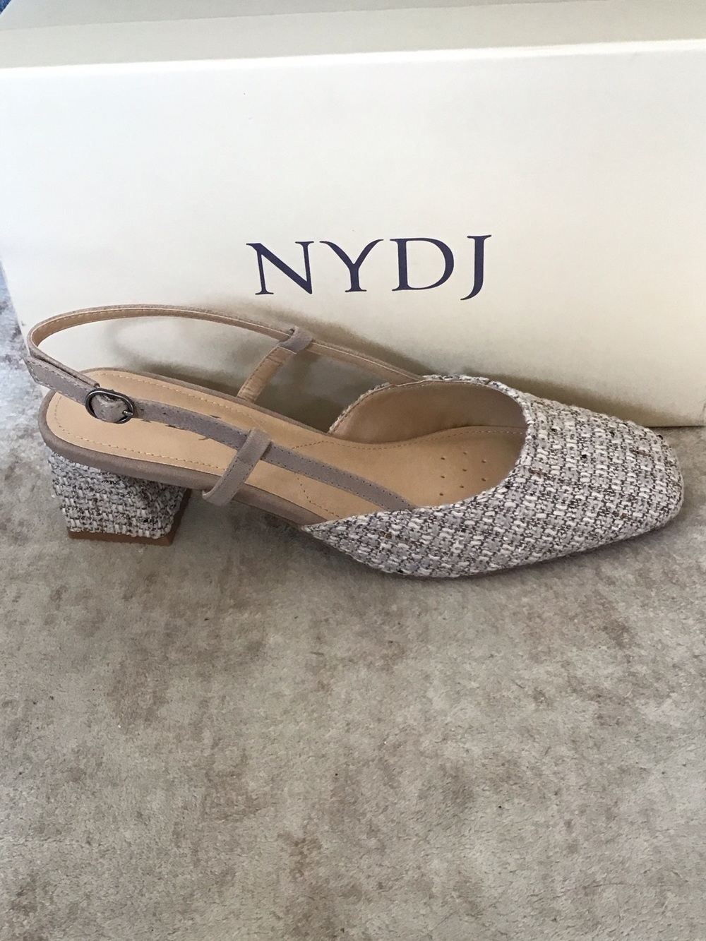 NYDJ Samson Tweed Slingback Block Heel in Beige-Taupe Mix